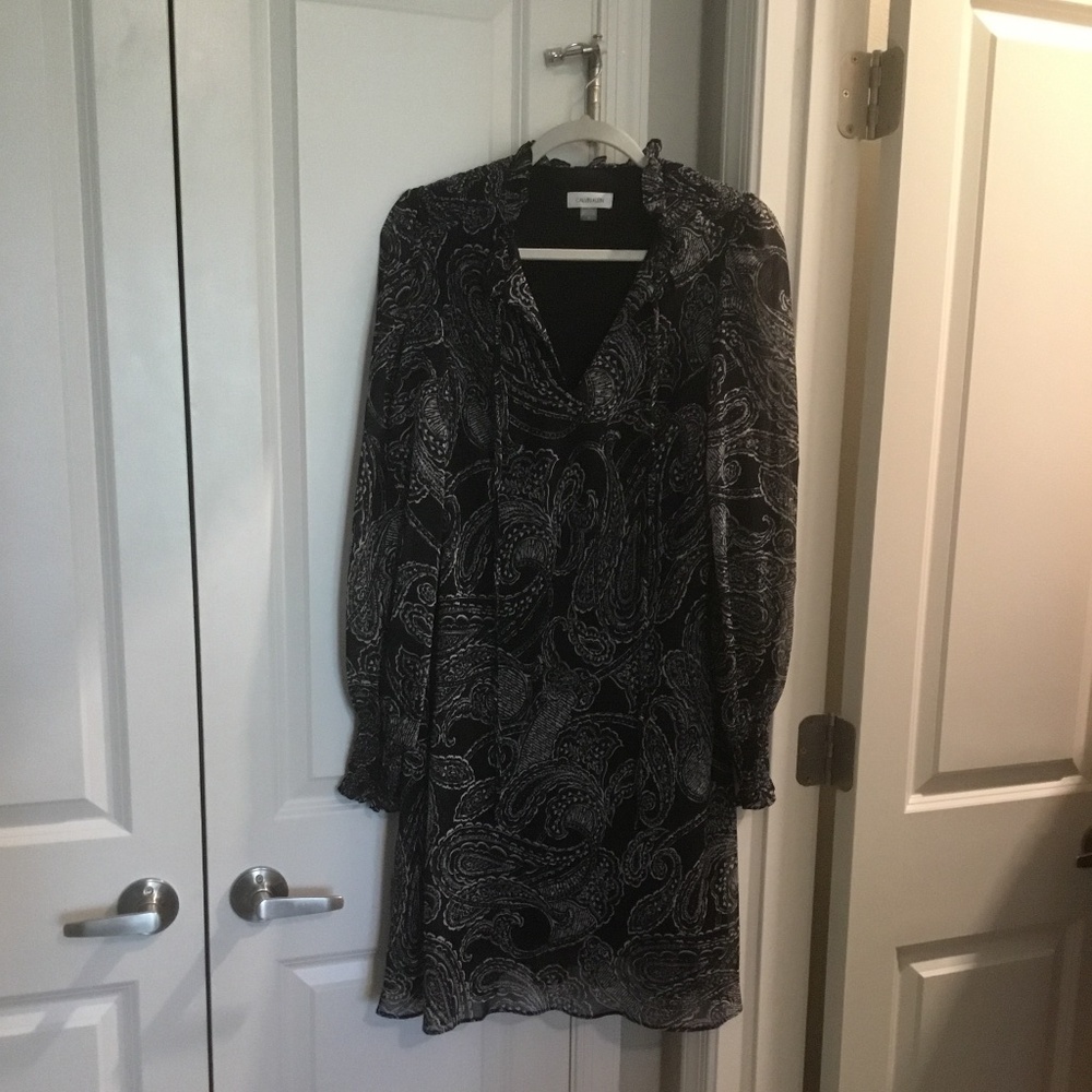 Calvin Klein, size 10 black dress with white pattern